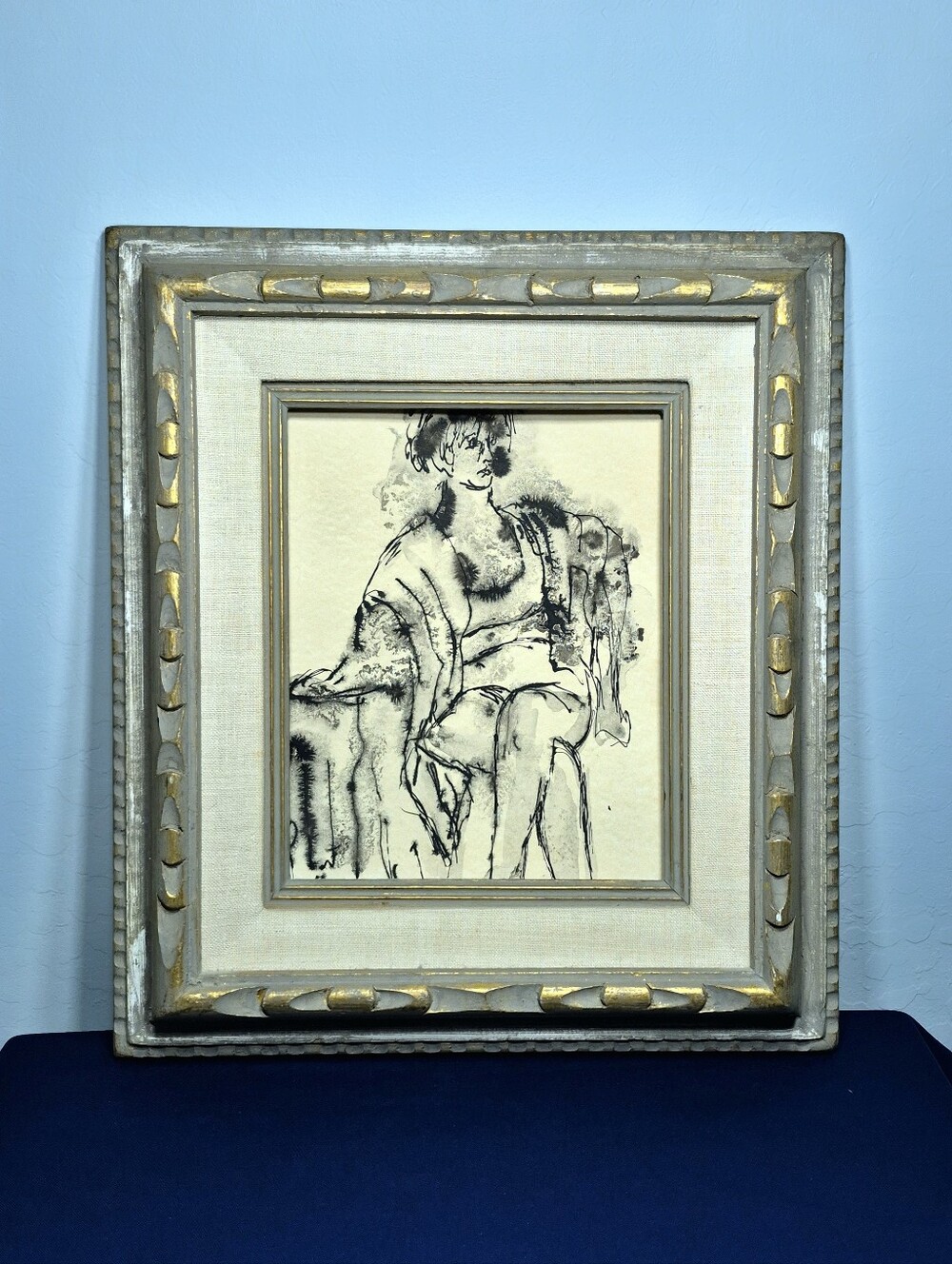Vintage Mid Century Modern Ink Drawing Seated Figure Art Ornate Gold Gilt Frame